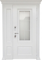 Входная белая термодверь с боковой вставкой, стеклом, карнизом и металлобагетом (полимерная покраска и МДФ RAL)