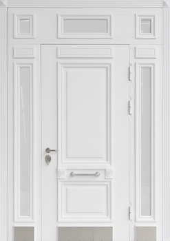 Парадная входная группа с терморазрывом, остеклением и отбойником (белые панели MDF с багетом) Парадная входная группа с терморазрывом, остеклением и отбойником (белые панели MDF с багетом)