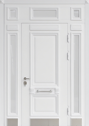 Парадная входная группа с терморазрывом, остеклением и отбойником (белые панели MDF с багетом) Парадная входная группа с терморазрывом, остеклением и отбойником (белые панели MDF с багетом)