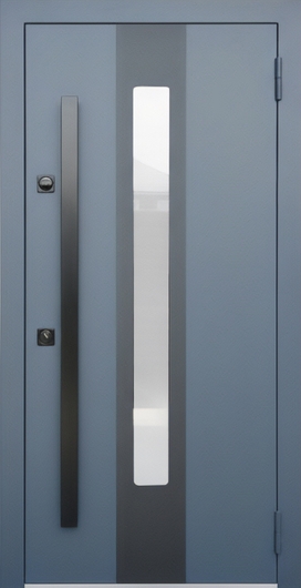 Металлическая термодверь с узким стеклопакетом, вертикальной ручкой и серым полимерным окрашиванием Металлическая термодверь с узким стеклопакетом, вертикальной ручкой и серым полимерным окрашиванием